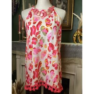 Southern Stitch Pink Abstract Halter Top Pom Pom Trim Small Sleeveless‎ Boho